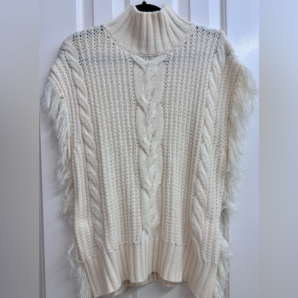 SAGE THE LABEL Fringed Cable-Knit Turtleneck Sweater in Ivory/Cream - Picture 7 of 16